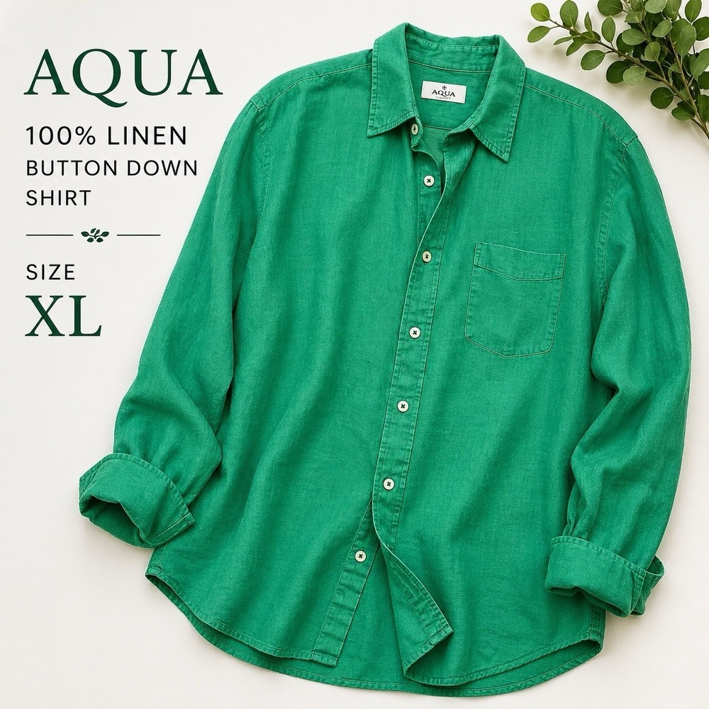 AQUA 100% Linen Button Down Shirt Green Women XL Oversized Lightweight